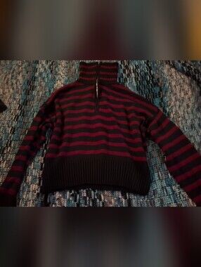 Banned Alternative - Striped Turtleneck Cropped Half Zip Knit